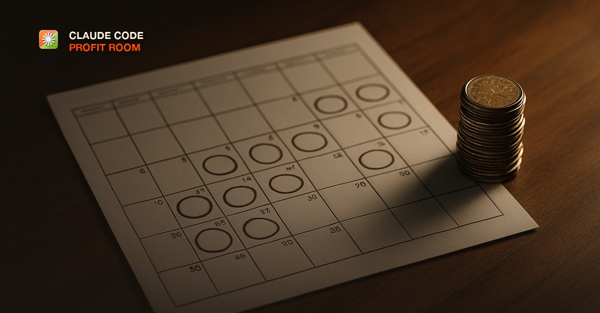 A wall calendar with circled dates beside a stack of coins on a warm walnut desk