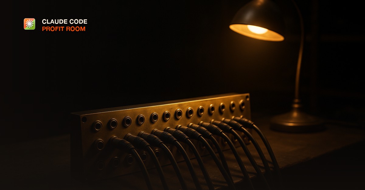 A brass multi-port patch panel with several cables plugged into it, lit by a single warm desk lamp in a dim workshop at night