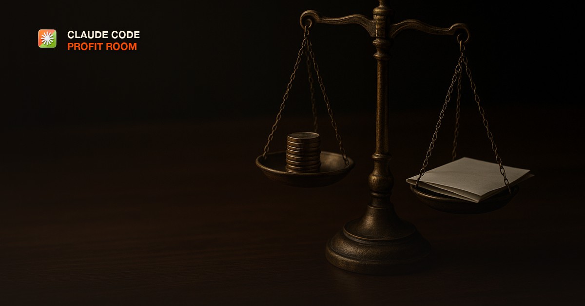 A weathered brass balance scale on a dark wood desk, one side holding coins and the other a folded contract, dim moody lighting
