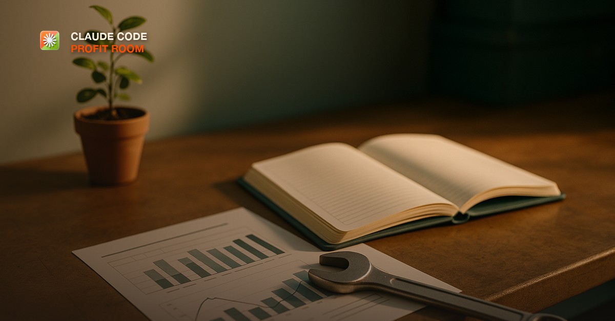 A tidy workshop desk with a small potted plant, an open maintenance logbook, and a wrench resting on printed dashboards and recurring-revenue charts, warm golden-hour light with muted teal accents
