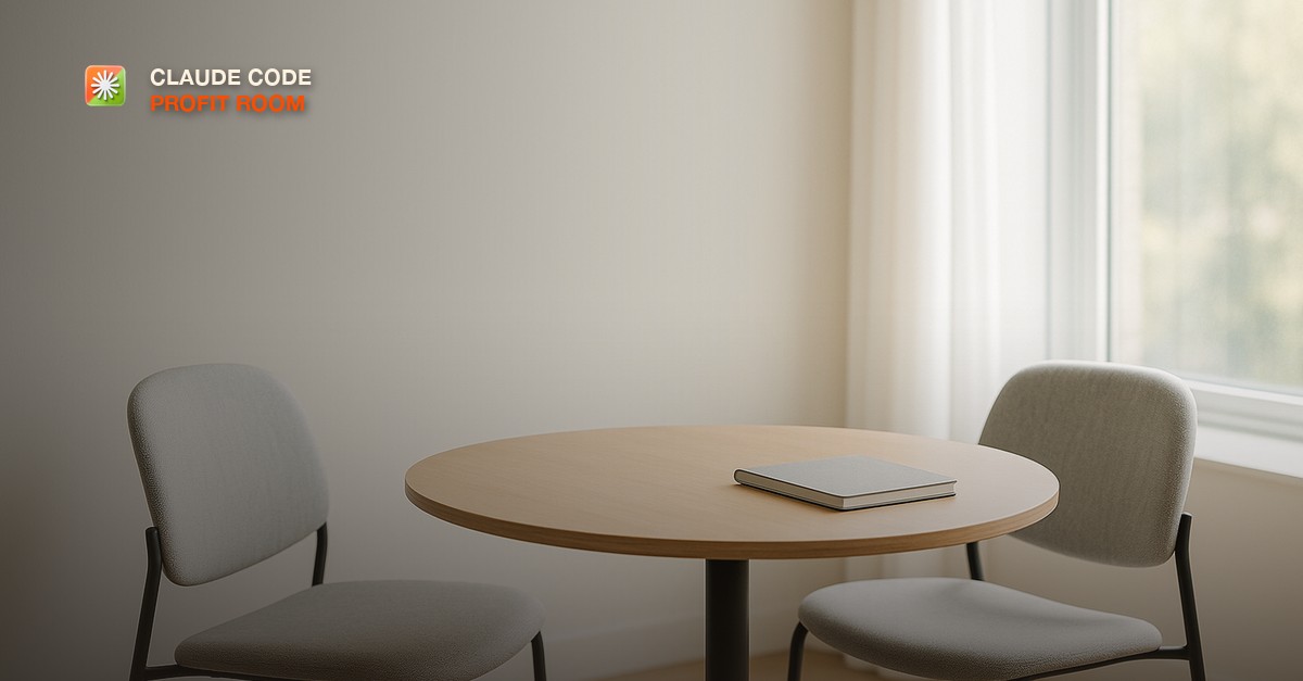 A small round meeting table with two empty chairs and one closed notebook beside a tall bright window, airy natural light