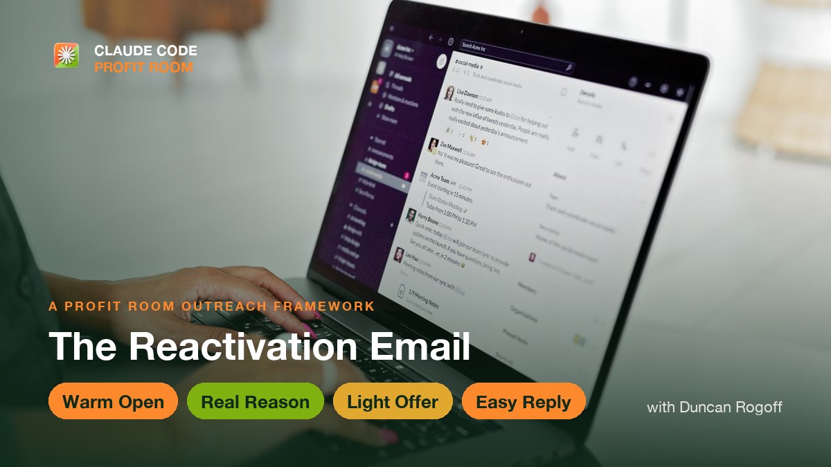 A person typing a message on a laptop showing a team chat, representing writing a reactivation email to win back past clients.