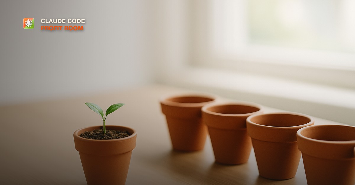 A single small potted seedling on a desk beside an empty row of pots waiting to be filled, in clean daylight