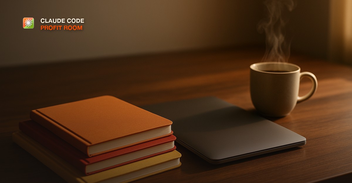 Three color-coded notebooks stacked beside a closed laptop and a steaming coffee cup on a dark walnut desk in warm afternoon light