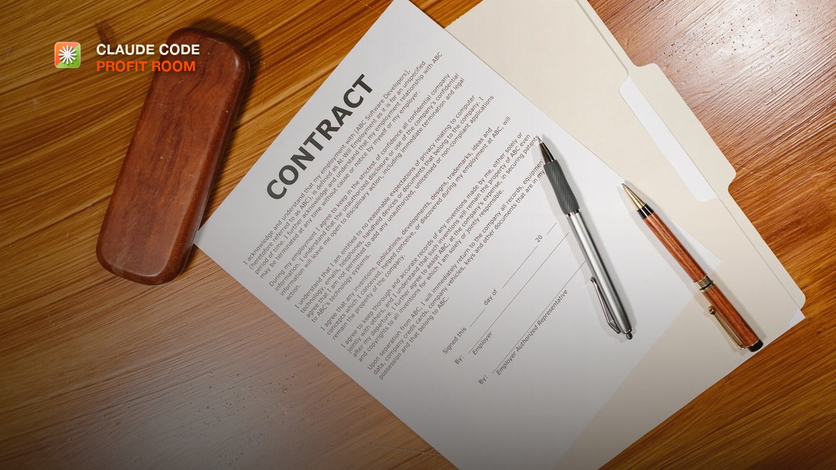 A printed contract with two pens and a case resting on a polished wooden desk, viewed from above