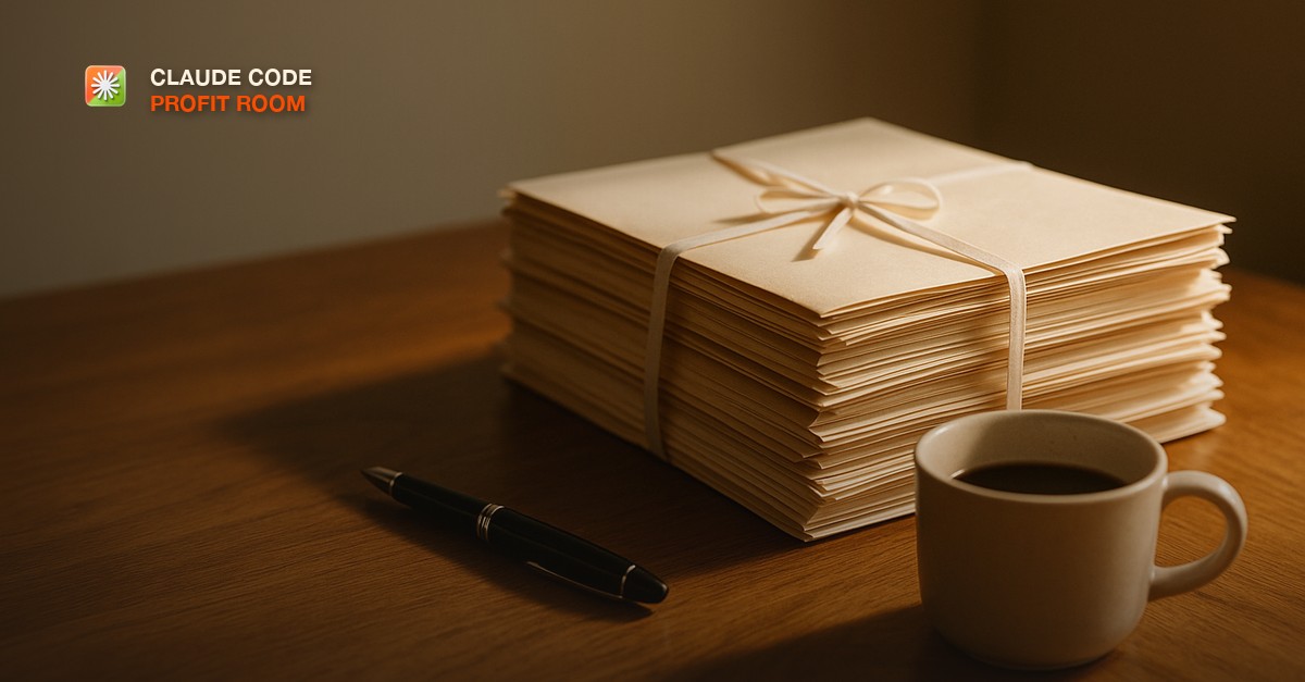 A stack of ribbon-tied document folders beside a black fountain pen and a plain ceramic cup on a polished oak table in warm morning light