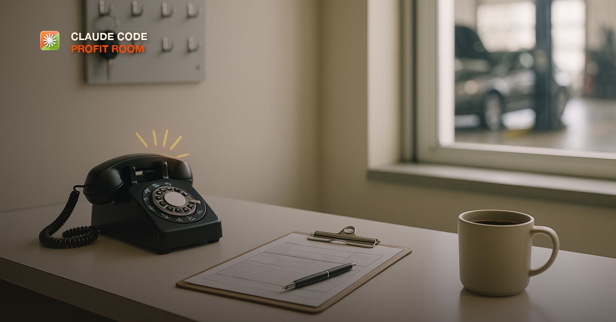 A clean auto repair shop front desk with a ringing phone, a clipboard of service orders, a set of car keys on a hook board, and a mug of coffee on a tidy counter in bright daylight from a garage window