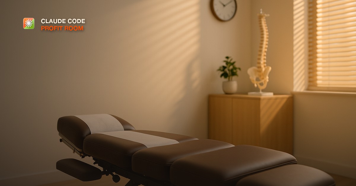 A chiropractic adjustment table with a fresh white paper roll in a calm modern clinic room, an anatomical spine model on a light oak side counter, a small potted plant, a wall clock, warm late-afternoon light through window blinds