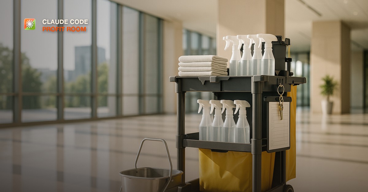 A bright office lobby in morning sunlight with a professional cleaning cart holding folded white microfiber cloths and a row of spray bottles, a steel mop bucket, a clipboard with a laminated checklist, keys on a hook, and polished stone floors reflecting a large window