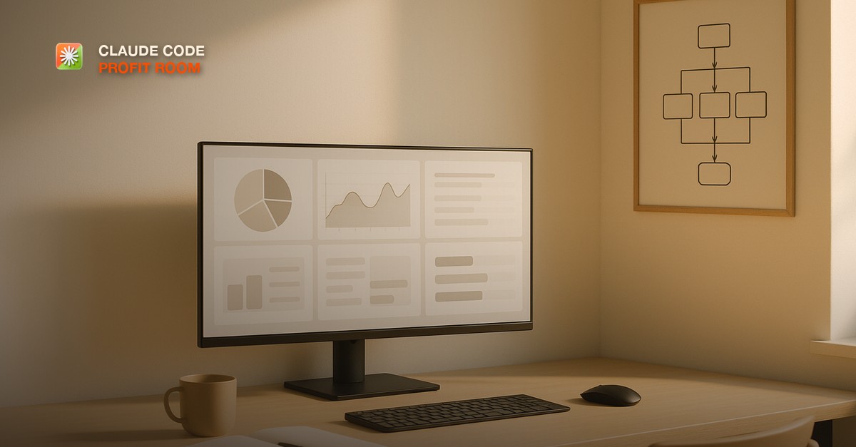 A clean minimal home office with a wide monitor showing a dashboard, a whiteboard with a framework diagram on the wall, warm morning light, a coffee cup and notebook beside the keyboard