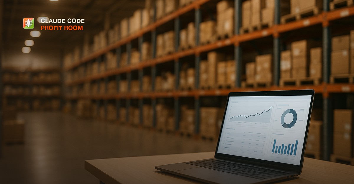 A modern warehouse fulfillment center with product shelves, a laptop showing analytics dashboard, warm industrial lighting, clean organized environment