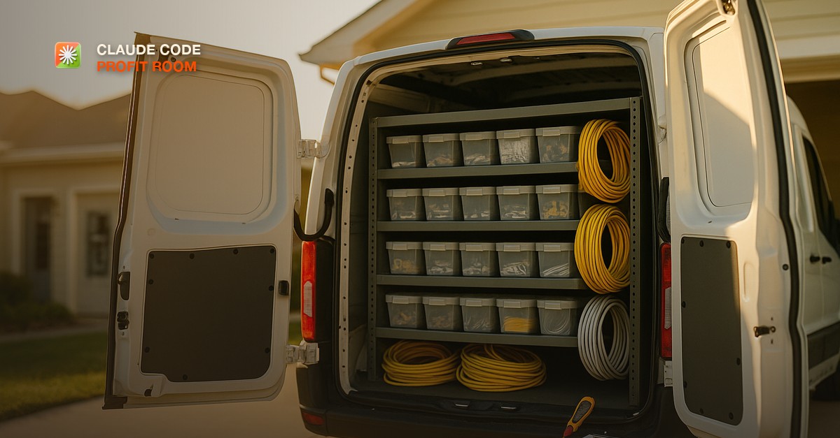 The open rear doors of a white electrician's service van in a suburban driveway at golden hour, shelves of labeled parts bins and coils of yellow and white electrical wire inside, a voltage tester resting on the bumper