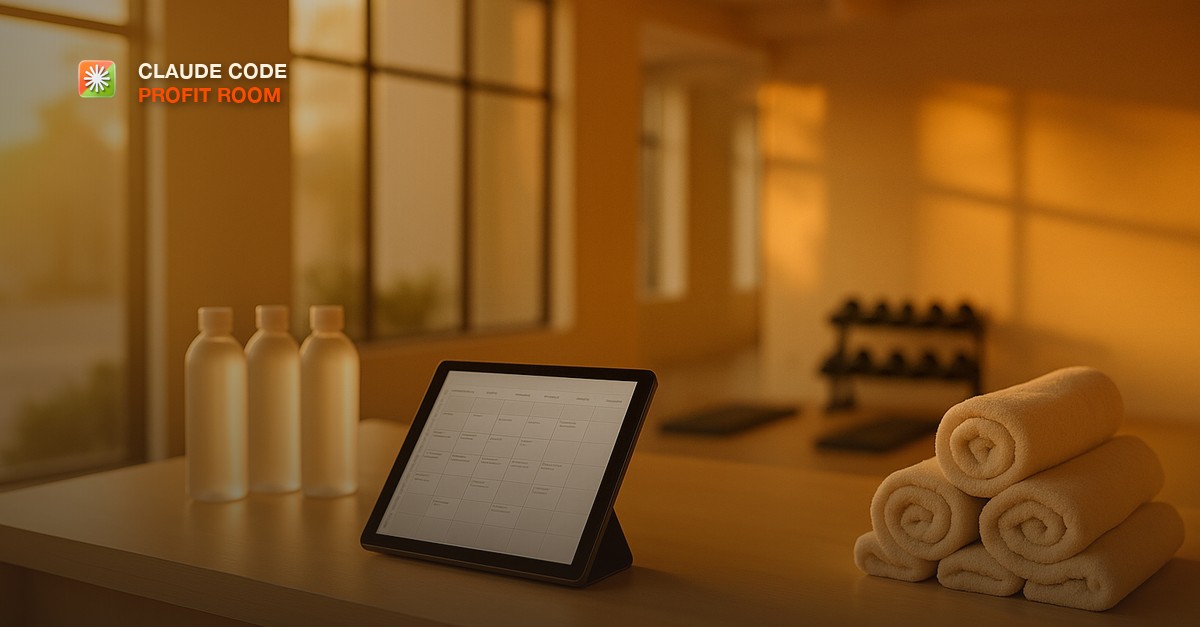 A bright modern boutique fitness studio front desk at golden hour with a tablet showing a class booking schedule on the counter, water bottles and rolled towels, dumbbells softly blurred in the background, warm inviting light