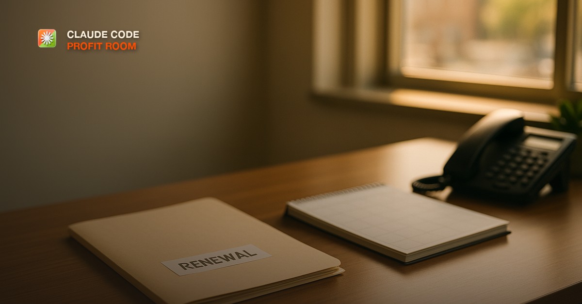 A tidy independent insurance agency desk with a labeled renewal folder, a closed desk calendar, and a phone in warm afternoon light