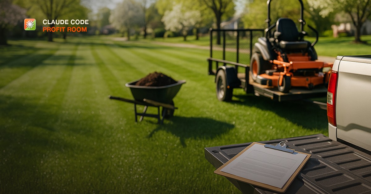 A freshly mowed suburban lawn with crisp stripes on a bright spring morning, a commercial zero-turn mower on an open trailer, a wheelbarrow of dark mulch, and a clipboard with a paper estimate resting on the tailgate of a work truck