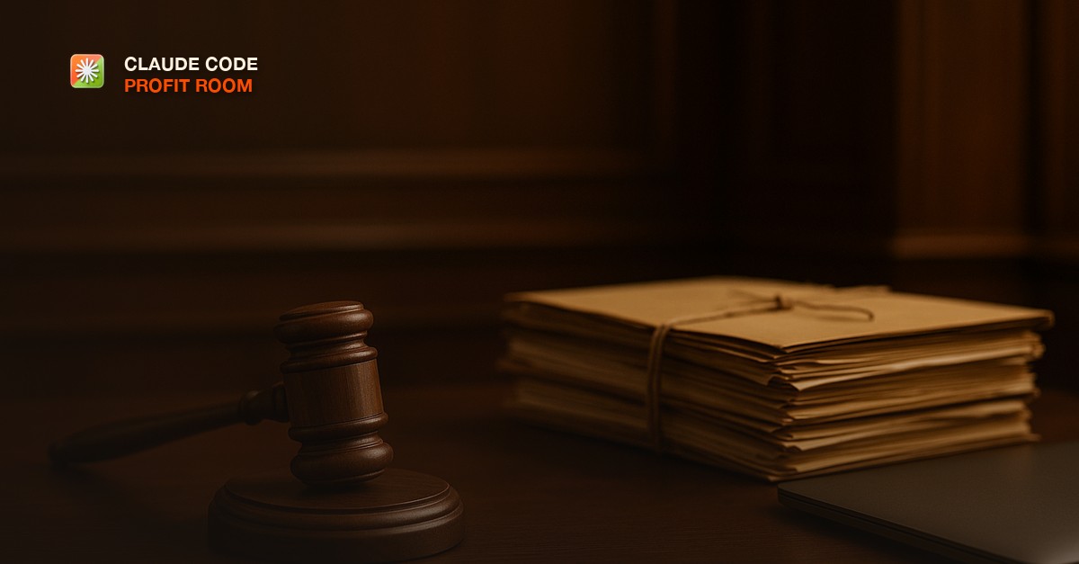 A wooden gavel resting on its block beside a stack of tied legal folders and a closed laptop in a wood panelled office