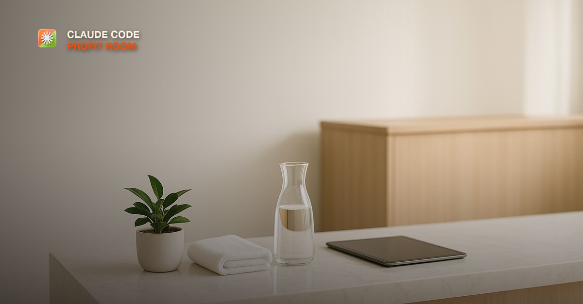 A clean minimalist med spa reception desk with a folded white towel, a glass water carafe, a small potted plant, and a tablet on a bright marble counter in soft daylight