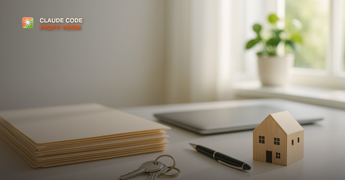A neat stack of manila folders and a set of house keys on a ring on a bright white desk, beside a small wooden model house, a black pen, a closed laptop, and a potted plant by a sunlit window in soft morning light