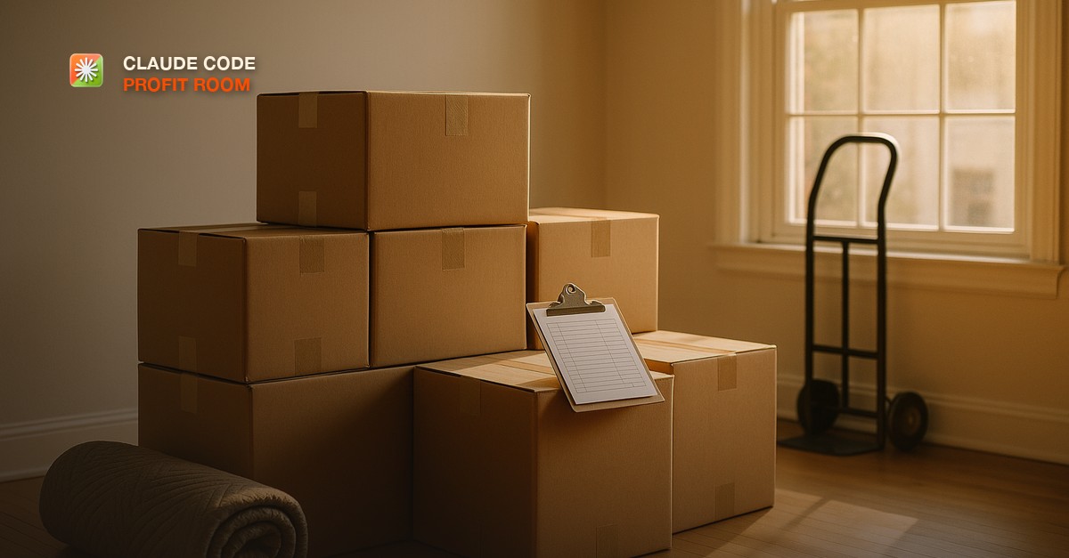 Stacked brown cardboard moving boxes sealed with tape in an empty sunlit living room, a rolled moving blanket, a hand dolly leaning against the wall, and a clipboard with a blank inventory sheet resting on a box in warm morning light
