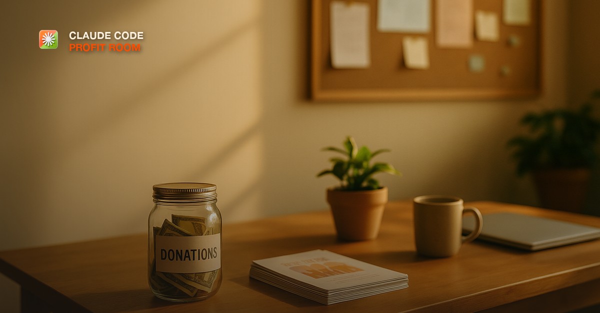 A warm nonprofit office corner in soft afternoon light with a wooden table, a donation jar, a stack of folded event flyers, a small potted plant, and a closed laptop beside a coffee mug