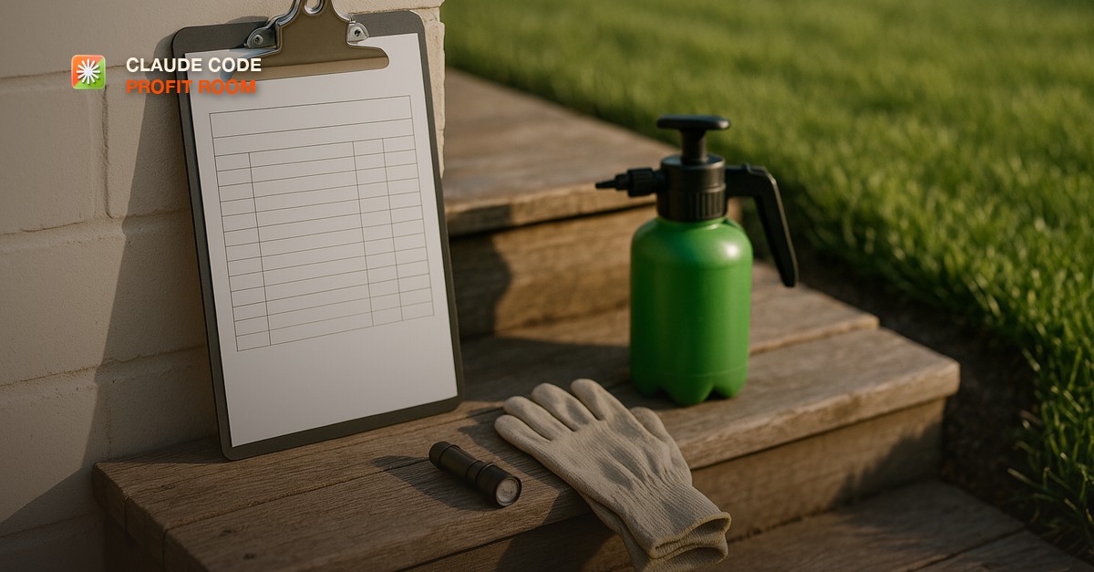 A clipboard with a blank route sheet leaning against a wall beside a green hand-pump sprayer, work gloves, and a small flashlight on weathered wooden steps next to a neat lawn in early morning light