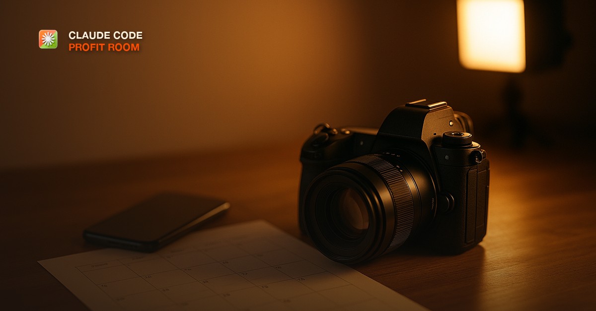 A camera with a prime lens on a wooden studio table beside a paper planner calendar and a phone, with a softbox glowing in the background in warm golden light