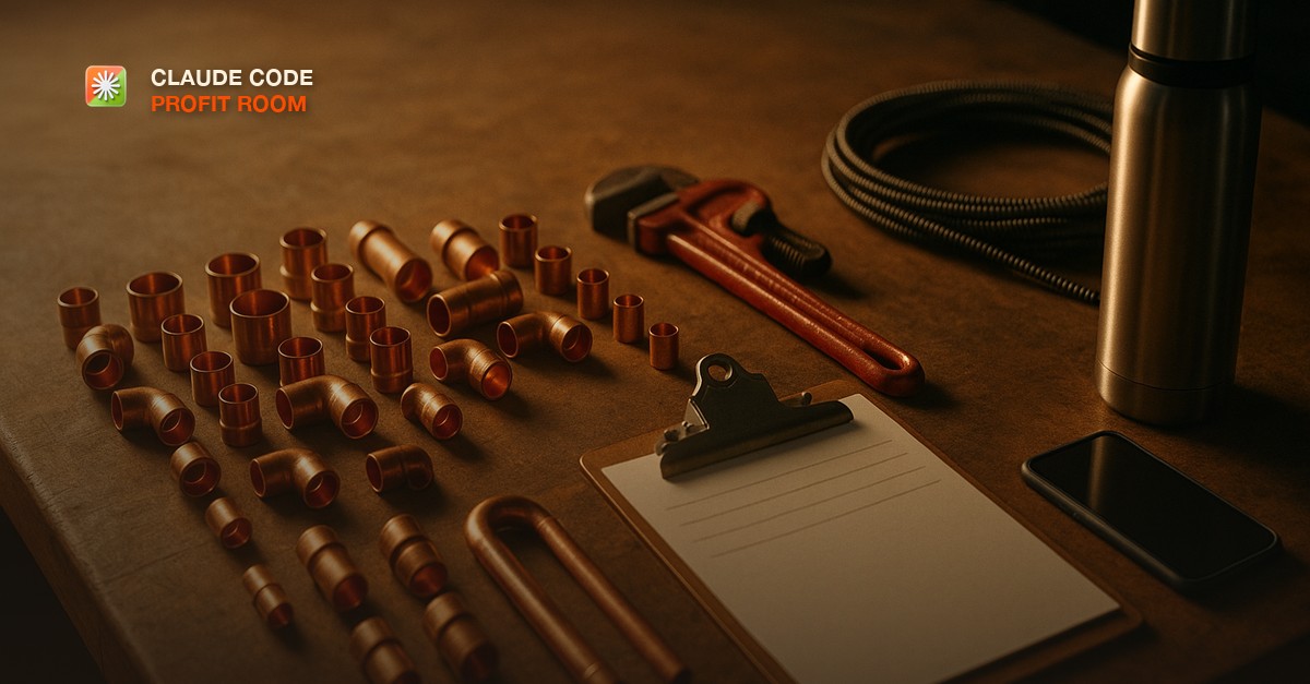 A plumbing shop workbench at early morning with copper fittings in neat rows, a red pipe wrench, a clipboard holding a work order, a coiled drain snake, and a phone beside a steel thermos