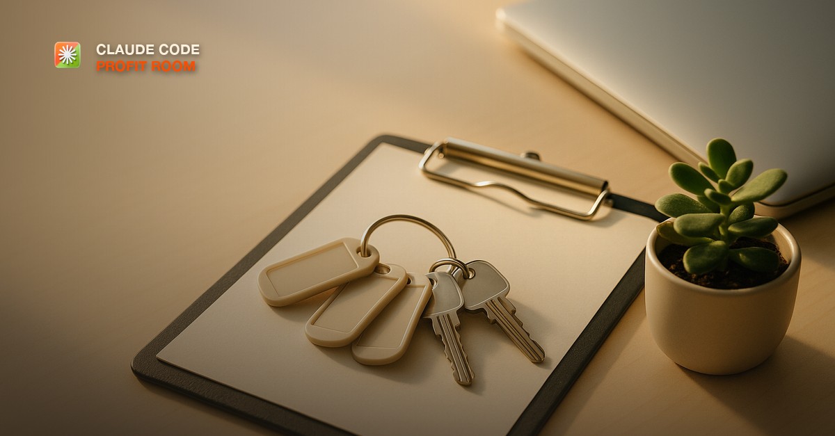 A ring of labeled apartment door keys resting on a clipboard beside a small potted plant and a closed laptop on a bright office desk