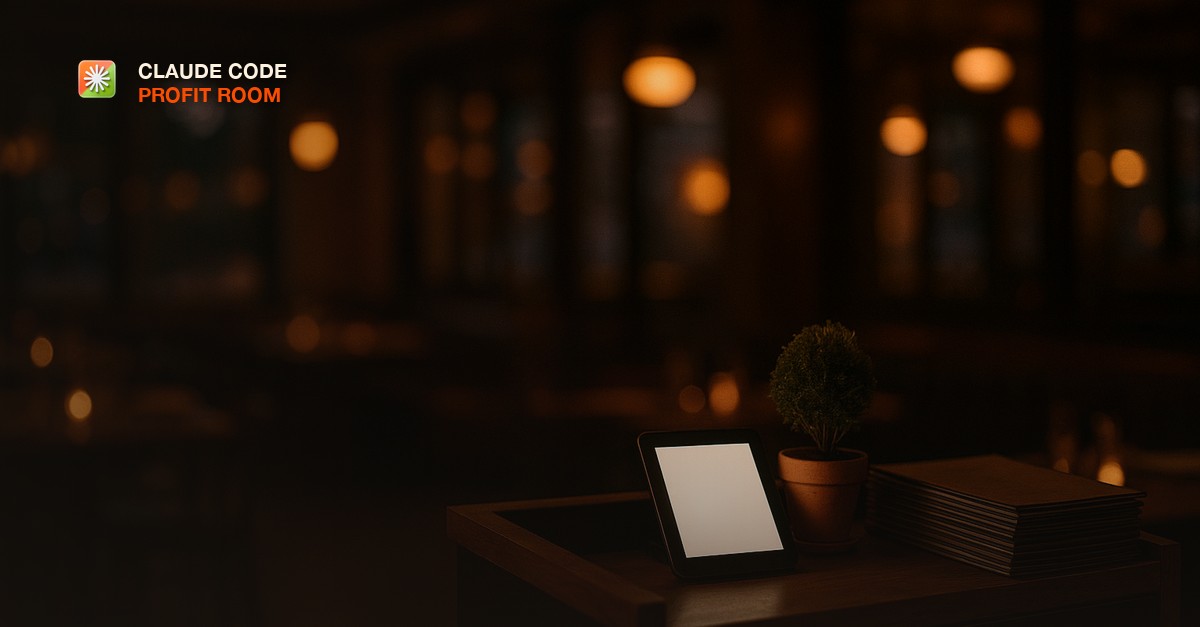 A warm dimly lit restaurant host stand at dusk with a reservation tablet glowing softly beside a small potted plant and a stack of menus