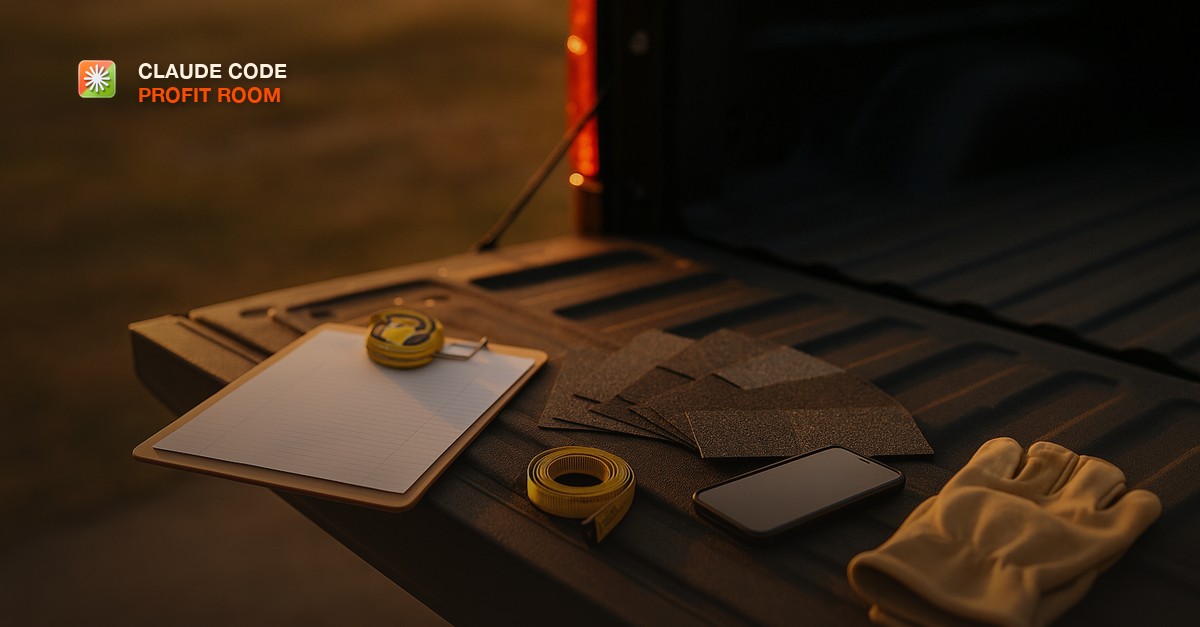 A pickup truck tailgate used as a desk at golden hour with a clipboard of estimates, a coiled tape measure, asphalt shingle samples fanned out, and a phone lying face up beside work gloves