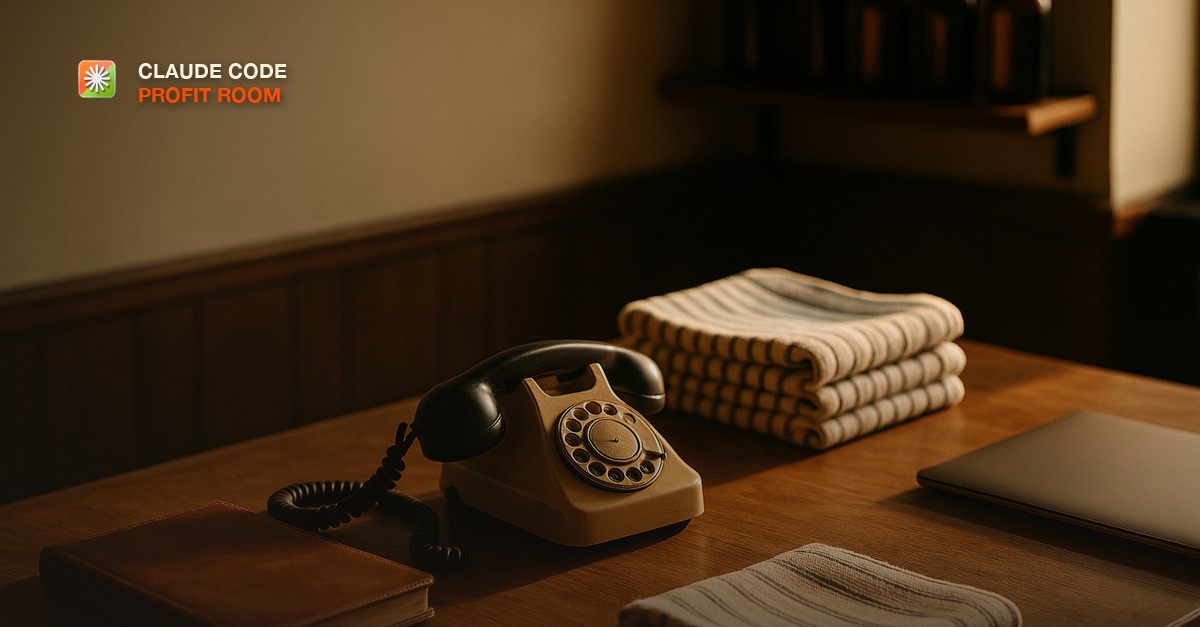 A warm barbershop counter in late afternoon light with a leather appointment book, a vintage rotary phone slightly off the hook, folded striped towels, and amber glass bottles on a shelf