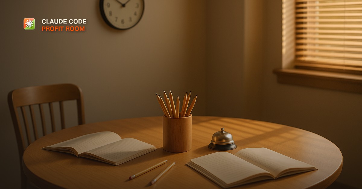 A round wooden table in a quiet tutoring room with open workbooks, a cup of sharpened pencils, and a small desk bell, with a wall clock and sunlit window blinds in warm late-afternoon light