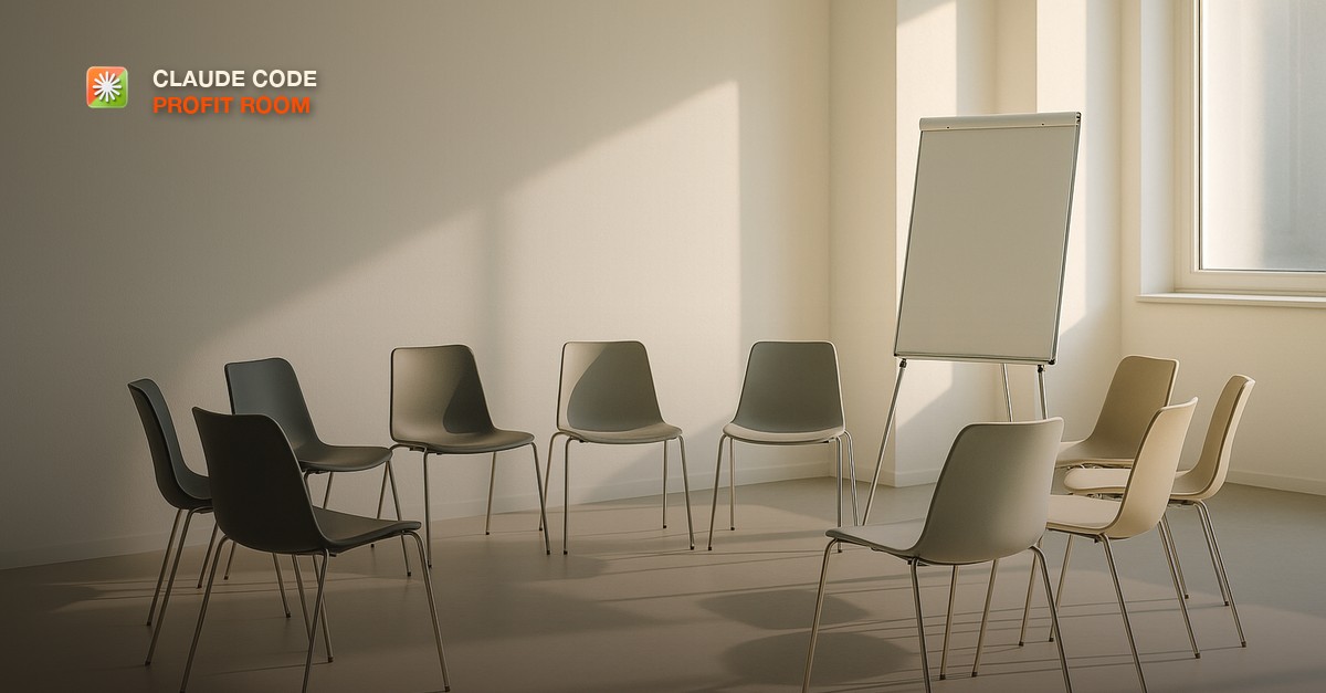 A semicircle of empty modern chairs facing a blank white easel pad in a bright minimal office room.