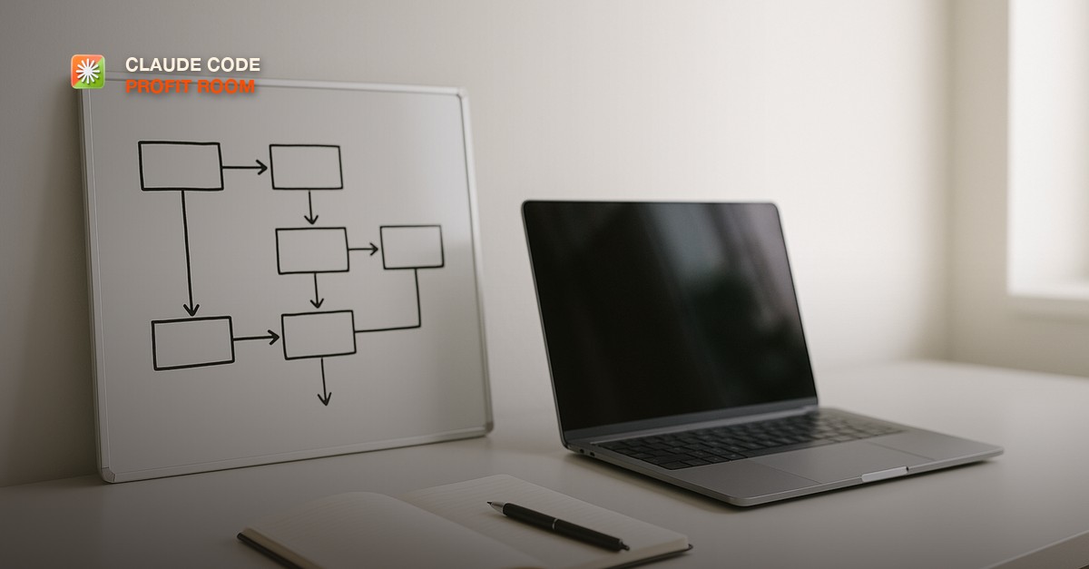 A whiteboard with a simple project roadmap of boxes and arrows beside an open laptop and a notebook on a bright modern desk