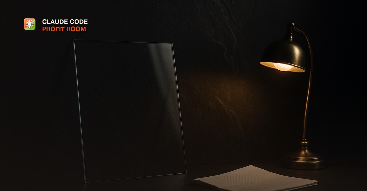 A clear glass pane leaning against a dark slate wall beside a lit brass desk lamp and a folded paper document in low cinematic light
