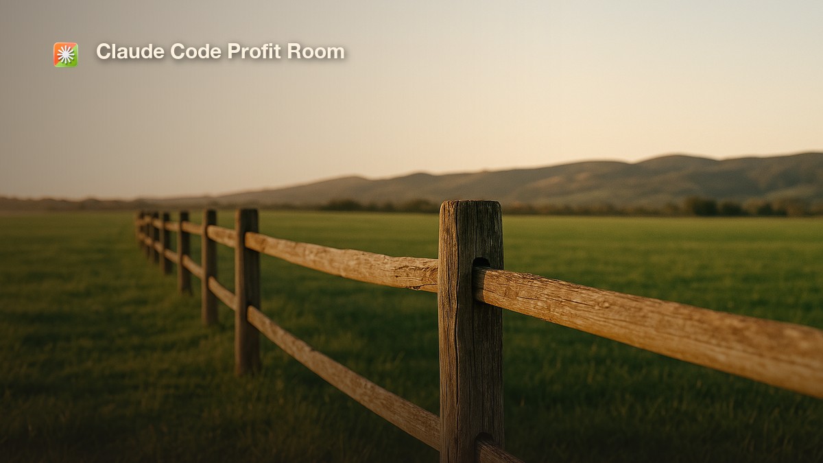 A wooden fence line marking a clear boundary across an open field at golden hour