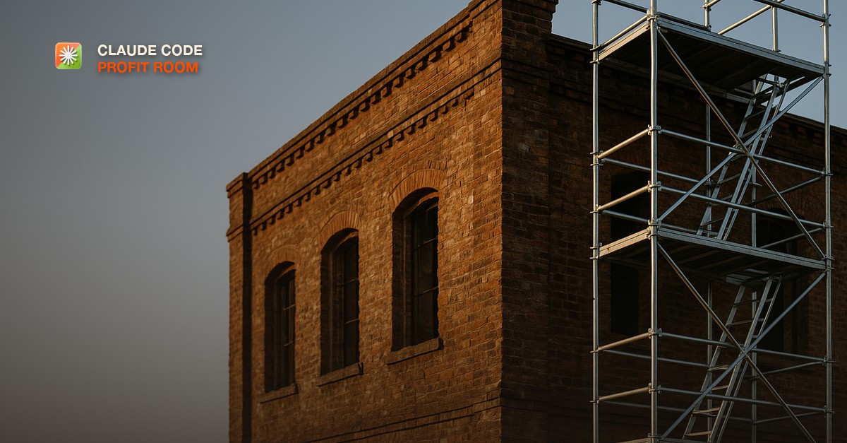 An old brick building under restoration, new steel scaffolding standing beside the original brickwork in warm evening light