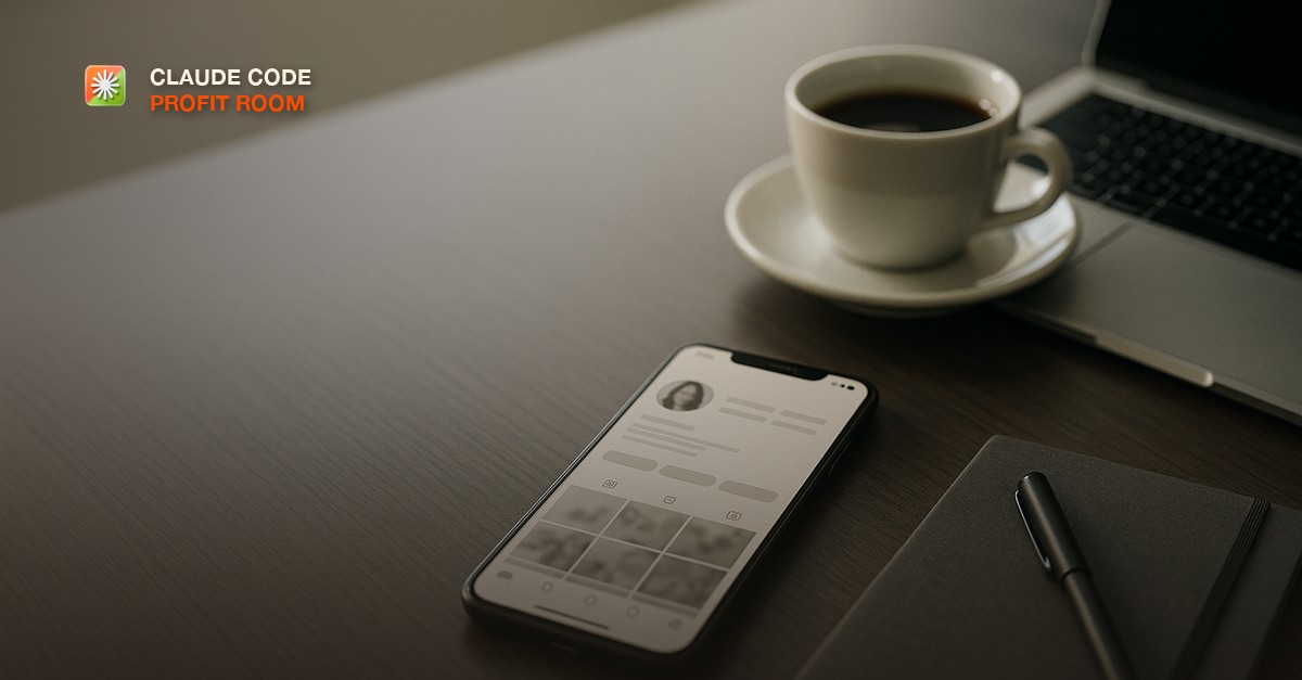 A smartphone on a professional desk showing a social profile page beside a cup of coffee, soft daylight