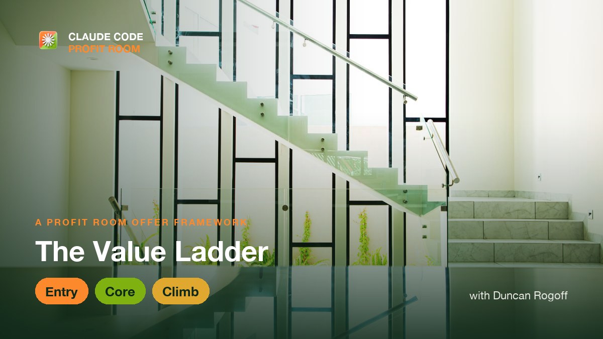 A bright modern staircase climbing toward the light, representing a value ladder of Claude Code offers that clients climb step by step.