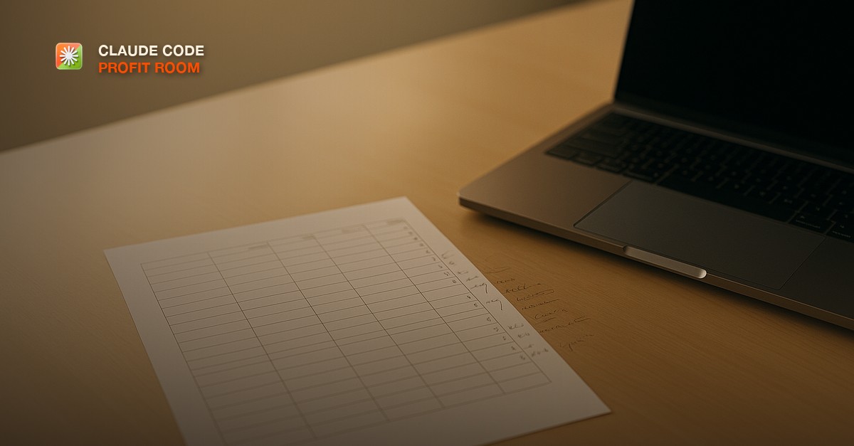 A spreadsheet printout with handwritten margin notes beside a laptop on a minimalist desk in warm afternoon light