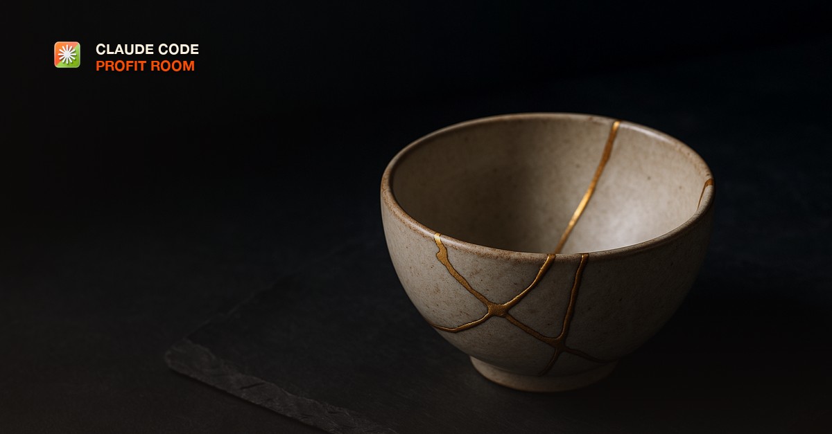 A repaired ceramic bowl with visible gold seams resting on dark slate under moody directional light