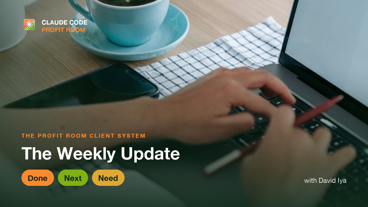 Hands typing on a laptop beside a coffee cup and phone, representing sending a weekly client update that prevents project fires.
