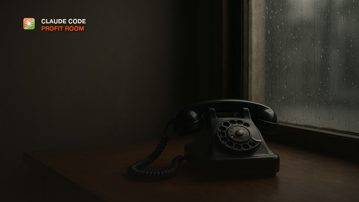 A silent black rotary phone on a desk by a rain-streaked window in quiet low light