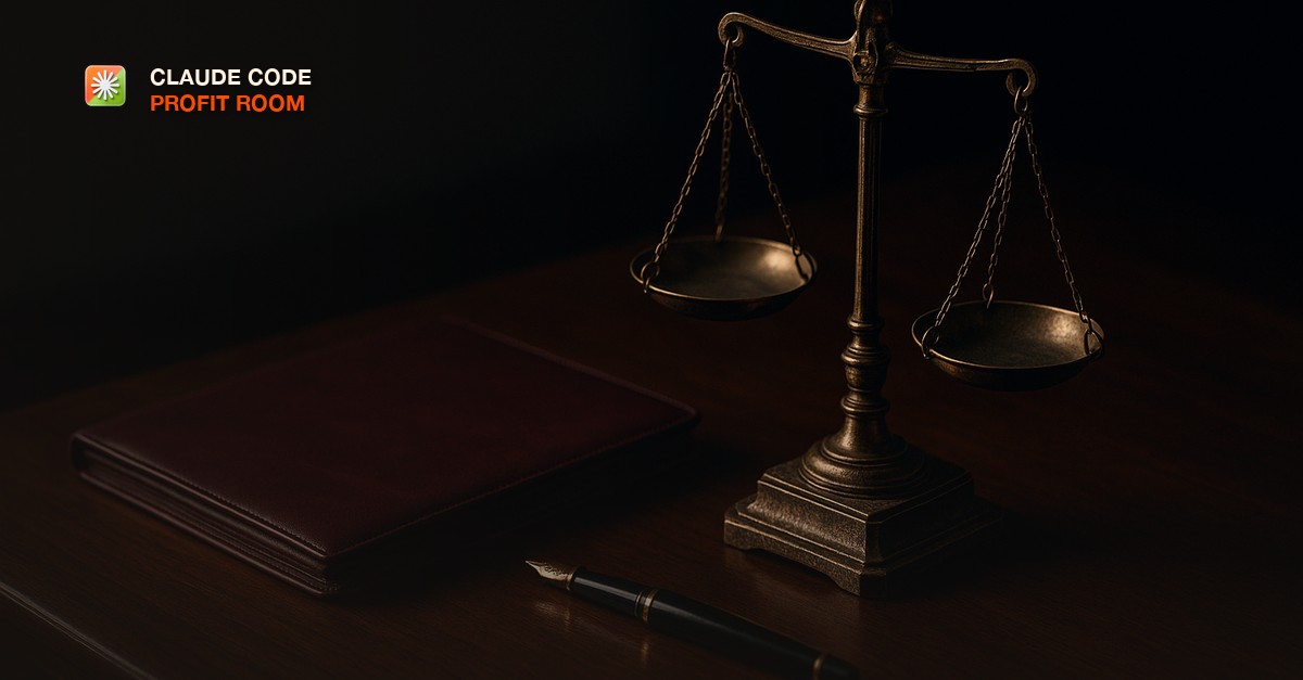 Antique brass balance scales with empty pans on a dark walnut desk beside a closed leather document folio and a fountain pen