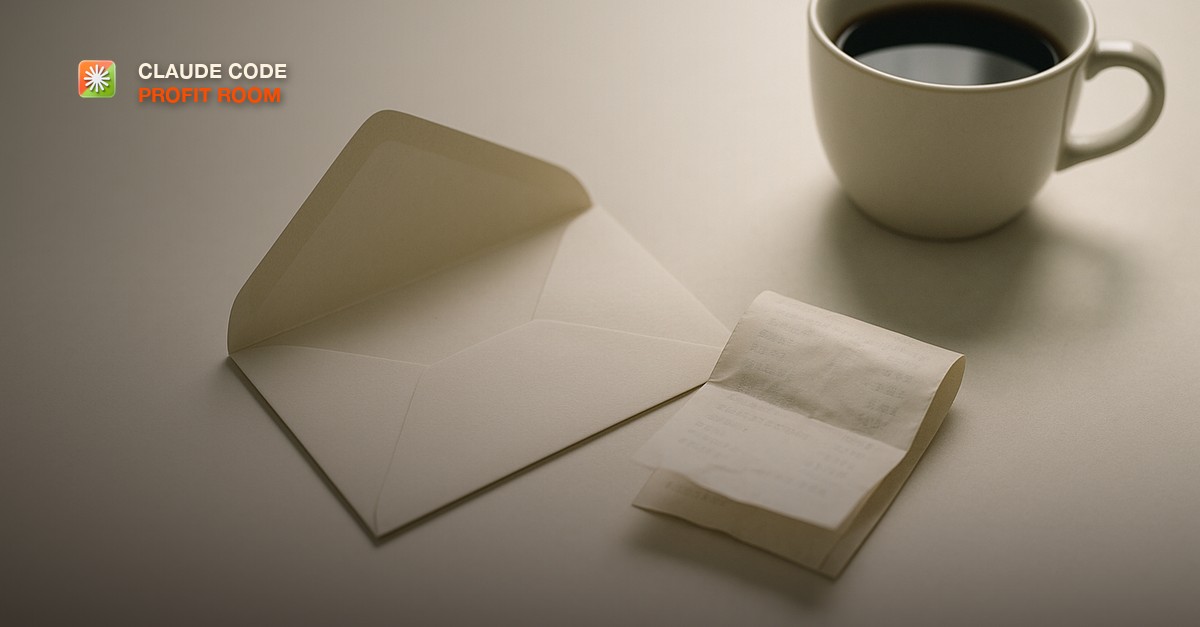An opened empty envelope and a folded paper receipt lying on a pale desk beside a cold cup of coffee, soft grey morning light