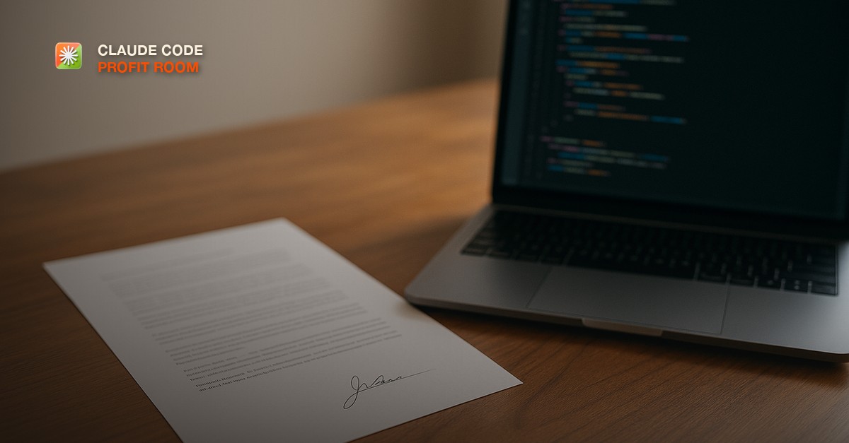 A signed contract page beside a laptop showing lines of code, on a wooden desk in soft natural light