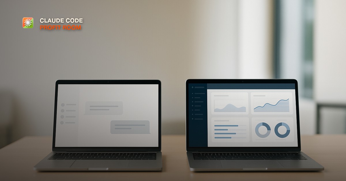 Two screens side by side, one showing a simple open chat window and one showing a running finished dashboard