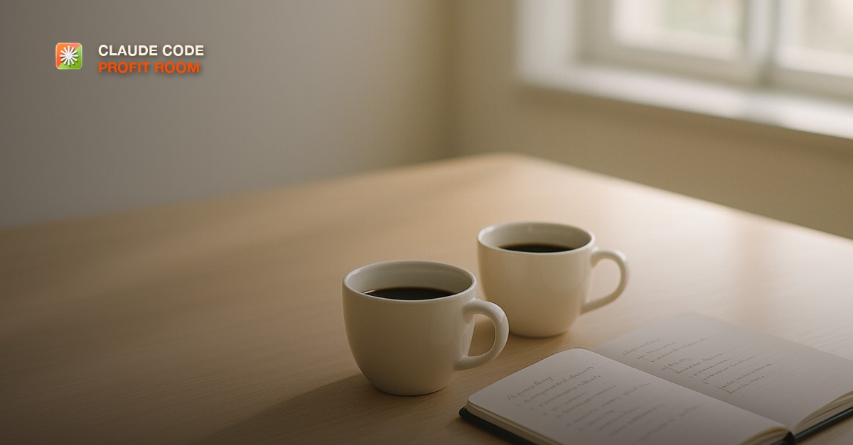 Two coffee cups on a clean table beside a notebook with a handwritten agenda, soft morning light
